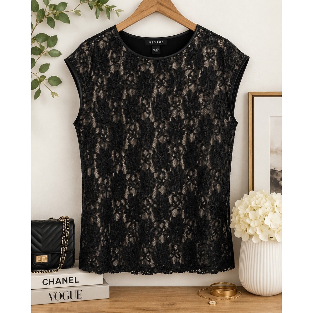 Black sheer floral lace overlay cap sleeeve XL tank top witchy fairy whimsigoth
